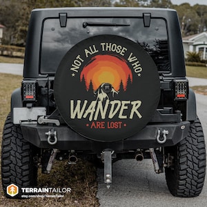 Retro Mountain Sunset Tire Cover with Backup Camera Cutout & Inspirational Quote - Free Shipping in U.S. | Includes Backup Camera Cutout