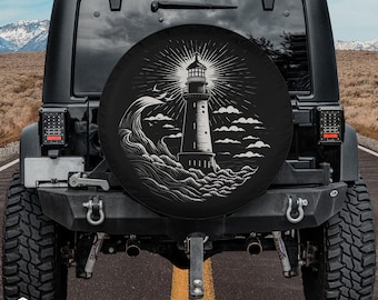 Vintage Retro Lithograph Lighthouse Spare Tire Cover fits Jeeps, Broncos, SUVs, Campers, RVs | Free US Shipping | No Backup Camera Option