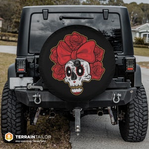 Cute Girly Sugar Skull with Bow & Roses Tire Cover fits Jeeps, Broncos, SUVs, Campers | Free US Shipping | Includes Backup Camera Cutout