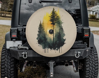 Spare Tire Cover with Camera Cutout - Watercolor Grunge Forest Design for Jeep, Wrangler, SUV, RV, Bronco