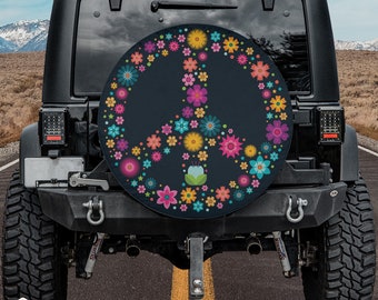 Floral Peace Sign Spare Tire Cover fits Jeeps, Broncos, SUVs, Campers, RVs | Free US Shipping | No Backup Camera Option
