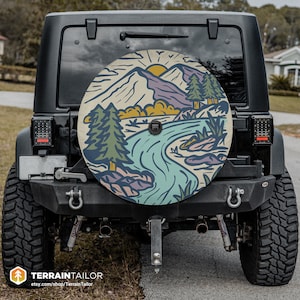 Hand Drawn Mountain Campground Scene Spare Tire Cover with Camera Hole - Perfect Gift for Camping Lovers, Easy Install, Free US Shipping