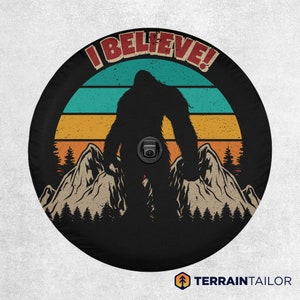 I Believe Bigfoot Retro Vintage Tire Cover fits Jeeps, Broncos, SUVs, Campers, RVs | Free US Shipping | Includes Backup Camera Cutout