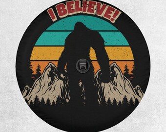 I Believe Bigfoot Retro Vintage Tire Cover fits Jeeps, Broncos, SUVs, Campers, RVs | Free US Shipping | Includes Backup Camera Cutout