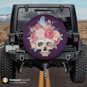 Bird & Butterfly atop Floral Skull Tire Cover fits Jeeps, Broncos, SUVs, Campers, RVs | Free US Shipping | No Backup Camera Option