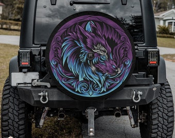 Moonlit Howler Vivid Wolf Illustration Tire Cover fits Jeeps, Broncos, SUVs, Campers, RVs | Free US Shipping | Includes Backup Camera Cutout