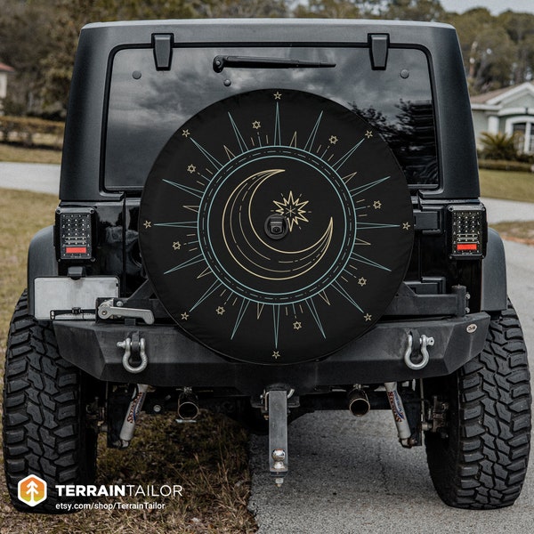 Celestial Moon & Stars Monoline Tire Cover - Modern Minimal Design for SUV, Jeep, RV - Camera Cutout Available