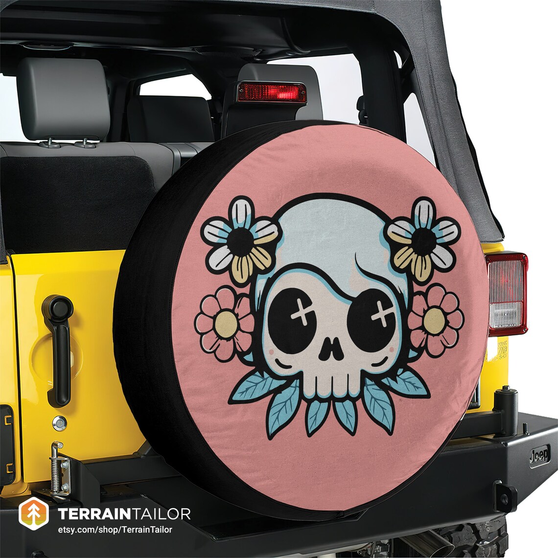 Cute Cartoon Emo Skull With Flowers Spare Tire Cover Fits Jeeps ...