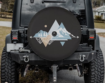 Boho Minimalist Mountain Spare Tire Cover fits Jeeps, Broncos, SUVs, Campers, RVs | Free US Shipping | Includes Backup Camera Cutout