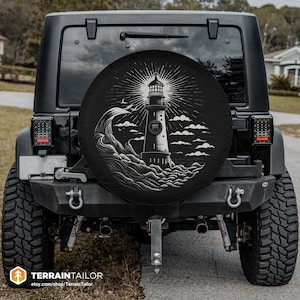 Lithograph Lighthouse Spare Tire Cover fits Jeeps, Broncos, SUVs, Campers, RVs | Free US Shipping | Includes Backup Camera Cutout