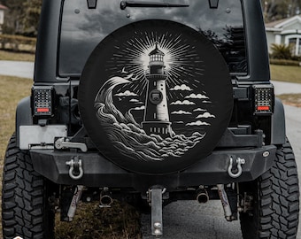 Lithograph Lighthouse Spare Tire Cover fits Jeeps, Broncos, SUVs, Campers, RVs | Free US Shipping | Includes Backup Camera Cutout