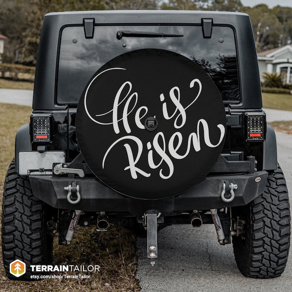 He Is Risen Christian Spare Tire Cover fits Jeeps, Broncos, SUVs, Campers, RVs | Free US Shipping | Includes Backup Camera Cutout