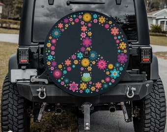 Vibrant Floral Peace Sign Spare Tire Cover fits Jeeps, Broncos, SUVs, Campers, RVs | Free US Shipping | Includes Backup Camera Cutout