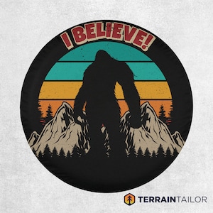 I Believe Bigfoot Retro Vintage Tire Cover fits Jeeps, Broncos, SUVs, Campers, RVs | Free US Shipping | No Backup Camera Option