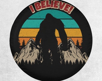 I Believe Bigfoot Retro Vintage Tire Cover fits Jeeps, Broncos, SUVs, Campers, RVs | Free US Shipping | No Backup Camera Option