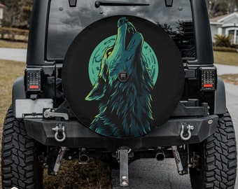 Wolf Howling at the Moon Spare Tire Cover fits Jeeps, Broncos, SUVs | Halloween Decor | Includes Backup Camera Cutout | Free Shipping