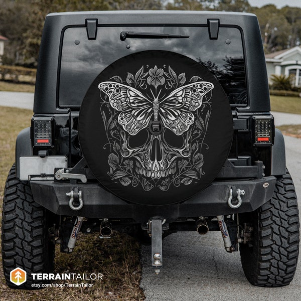 Gothic Dark Engraved-Style Skull Butterfly Tire Cover fits Jeeps, Broncos, SUVs, Campers | Free US Shipping | Includes Backup Camera Cutout