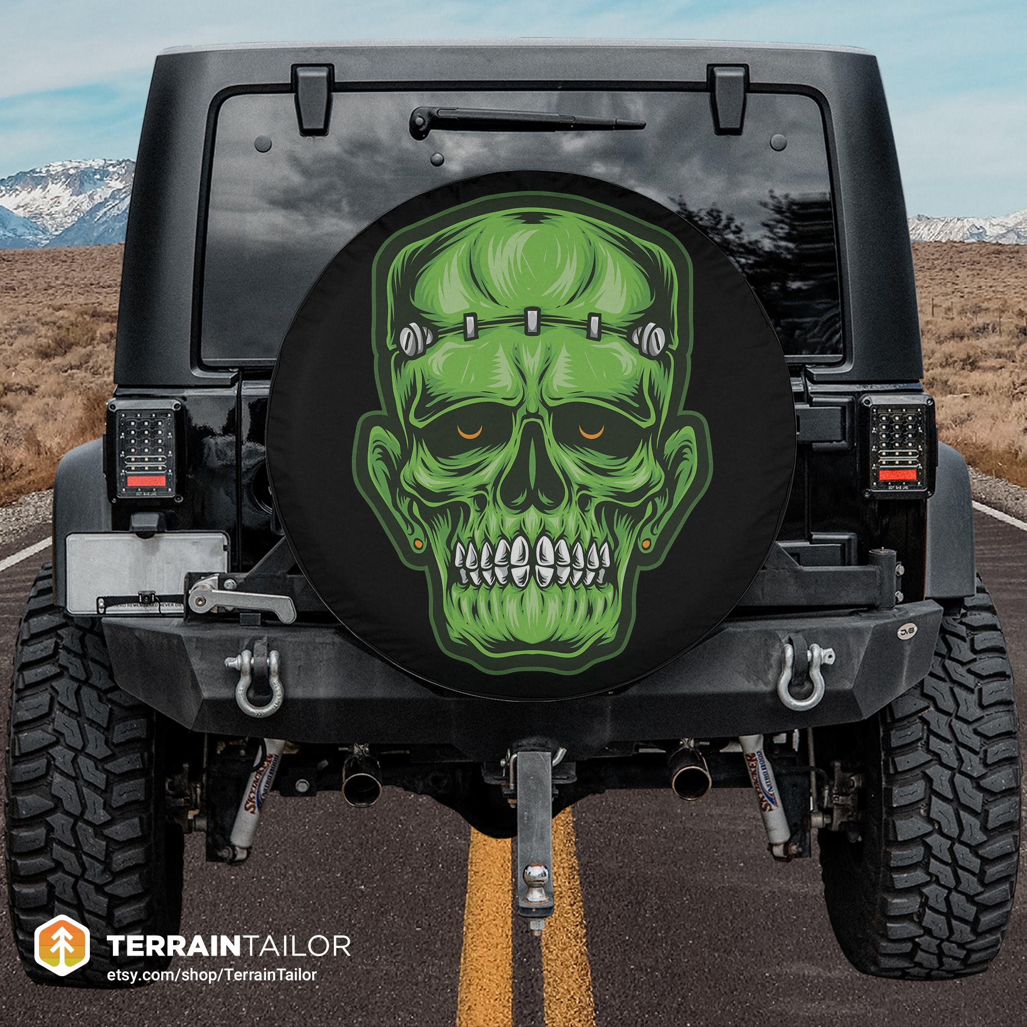 Halloween Frankenstein Skull Tire Cover Fits Jeeps, Broncos, Suvs