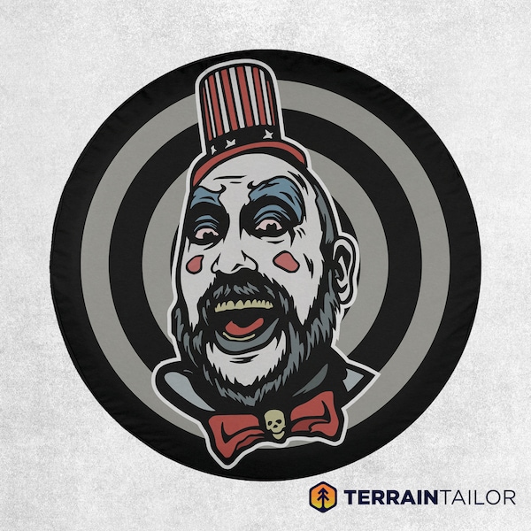 Captain Spaulding-Inspired Horror Movie Tire Cover: A Spine-chilling Ride Ahead fits Jeeps, Broncos, SUVs, Campers, RVs | Free US Shipping