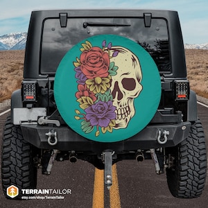 Vibrant Floral Skull Tire Cover fits Jeeps, Broncos, SUVs, Campers, RVs | Free US Shipping | No Backup Camera Option