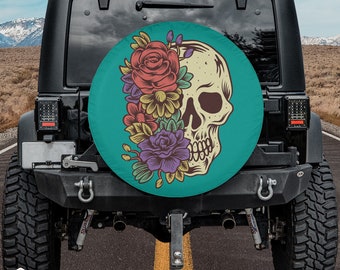 Vibrant Floral Skull Tire Cover fits Jeeps, Broncos, SUVs, Campers, RVs | Free US Shipping | No Backup Camera Option