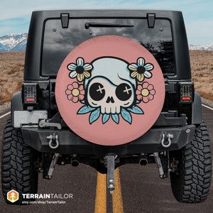 Cute Cartoon Emo Skull with Flowers Spare Tire Cover fits Jeeps, Broncos, SUVs, Campers, RVs | Free US Shipping | No Backup Camera Option
