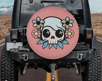 Cute Cartoon Emo Skull with Flowers Spare Tire Cover fits Jeeps, Broncos, SUVs, Campers, RVs | Free US Shipping | No Backup Camera Option