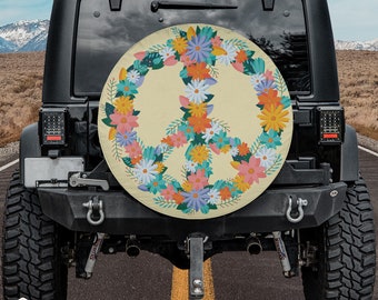 Floral Peace Sign on Light Backdrop Spare Tire Cover fits Jeeps, Broncos, SUVs, Campers, RVs | Free US Shipping | No Backup Camera Option