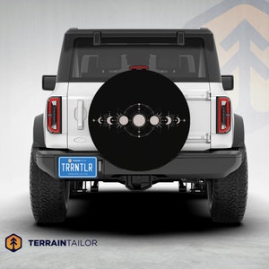 White Celestial Moon Phases Modern Tire Cover fits Jeeps, Broncos, SUVs, Campers, RVs | Free US Shipping | No Backup Camera Option