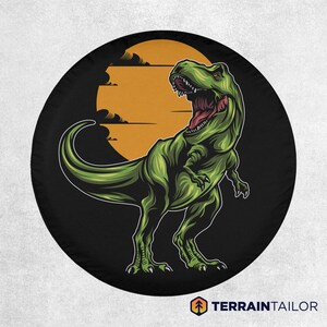 Ferocious T-Rex Dinosaur Tire Cover with Stunning Sunset fits Jeeps, Broncos, SUVs, Campers | Free US Shipping | No Backup Camera Option
