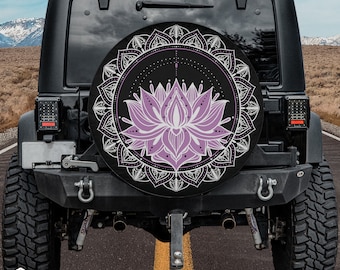 Tranquil Lotus Mandala Spare Tire Cover – fits Jeeps, Broncos, SUVs, RVs, Campers | Free Shipping | No Backup Camera Option