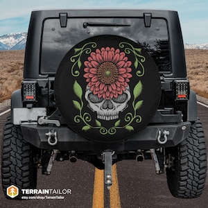 Distressed Stippled Skull & Flower Graphic Tire Cover fits Jeeps, Broncos, SUVs, Campers, RVs | Free US Shipping | No Backup Camera Option