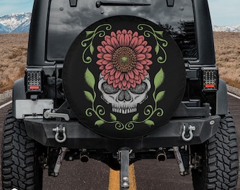 Distressed Stippled Skull & Flower Graphic Tire Cover fits Jeeps, Broncos, SUVs, Campers, RVs | Free US Shipping | No Backup Camera Option