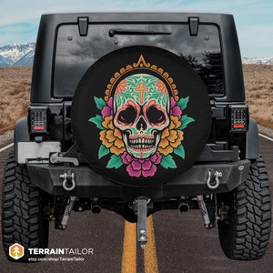Vivid Sugar Skull Spare Tire Cover fits Jeeps, Broncos, SUVs, Campers | Free US Shipping | No Backup Camera Option