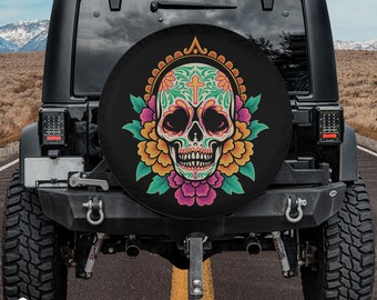 Vivid Sugar Skull Spare Tire Cover fits Jeeps, Broncos, SUVs, Campers | Free US Shipping | No Backup Camera Option