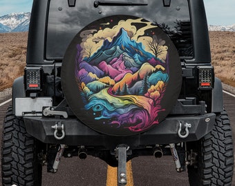 Modern Mountain Landscape Spare Tire Cover fits Jeeps, Broncos, SUVs, Campers, RVs | Free US Shipping | No Backup Camera Option