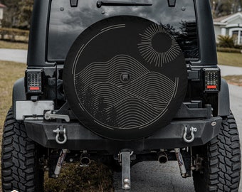 Hand Drawn Minimalist Mountain Landscape Tire Cover fits Jeeps, Broncos, SUVs, Campers | Free US Shipping | Includes Backup Camera Cutout