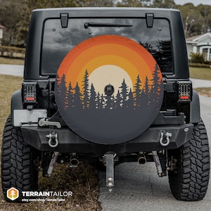 Modern Forest Silhouette Design Custom Spare Tire Cover with Backup Camera Hole - Ideal for Jeeps, Broncos, SUVs, RVs Includes Free Shipping