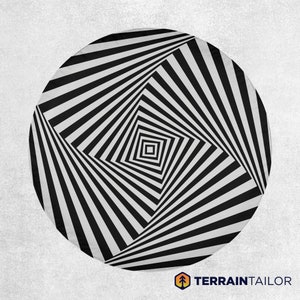 Può includere: Design di illusione ottica in bianco e nero con una forma circolare e uno schema di linee convergenti che creano un quadrato al centro.
