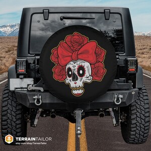 Sugar Skull with Bow & Roses Spare Tire Cover fits Jeeps, Broncos, SUVs, Campers, RVs | Free US Shipping | No Backup Camera Option