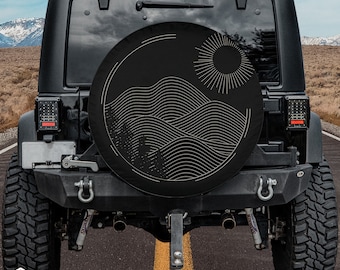 Hand Drawn Boho Minimalist Mountain Landscape Tire Cover fits Jeeps, Broncos, SUVs, Campers | Free US Shipping | No Backup Camera Option