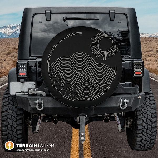 Hand Drawn Boho Minimalist Mountain Landscape Tire Cover fits Jeeps, Broncos, SUVs, Campers | Free US Shipping | No Backup Camera Option