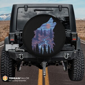 Wolf Silhouette & Nighttime Forest Spare Tire Cover - Native Design for Jeep, Wrangler, SUV, RV, Bronco