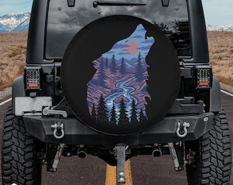 Wolf Silhouette & Nighttime Forest Spare Tire Cover - Native Design for Jeep, Wrangler, SUV, RV, Bronco