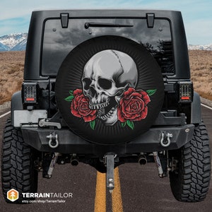 Skull & Roses Spare Tire Cover Tattoo-Style Goth Decor fits Jeeps, Broncos, SUVs, Campers, RVs | Free US Shipping | No Backup Camera Option