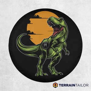 Ferocious T-Rex Dinosaur Tire Cover with Stunning Sunset fits Jeeps, Broncos, SUVs, Campers, RVs | Includes Backup Camera Cutout