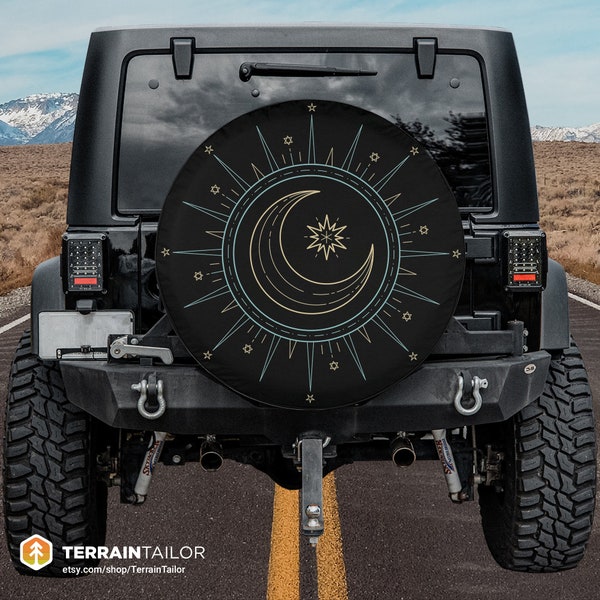 Modern Minimal Moon & Stars Celestial Monoline Tire Cover fits Jeeps, Broncos, SUVs, Campers | Free US Shipping | No Backup Camera Option