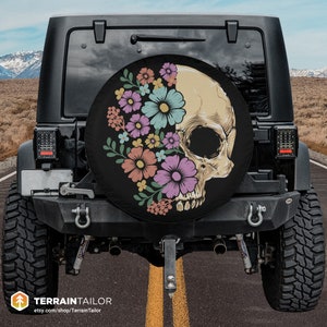 Flower Skull Spare Tire Cover fits Jeeps, Broncos, SUVs, Campers, RVs | Free US Shipping | No Backup Camera Option