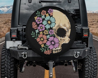 Flower Skull Spare Tire Cover fits Jeeps, Broncos, SUVs, Campers, RVs | Free US Shipping | No Backup Camera Option