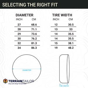 May include: Diagram titled "SELECTING THE RIGHT FIT" with diameter and tire width measurements in inches and centimeters. The diameter measurements range from 27 inches (68.6 cm) to 34 inches (86.3 cm). Tire width measurements range from 12 inches (30.5 cm) to 19 inches (48.2 cm).